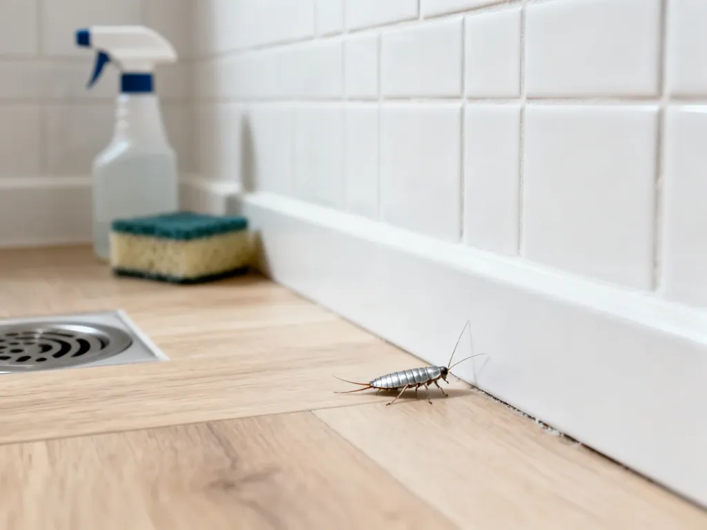 Rybik cukrowy przy listwie w czystej łazience, w tle środki czystości sugerujące walkę z insektami