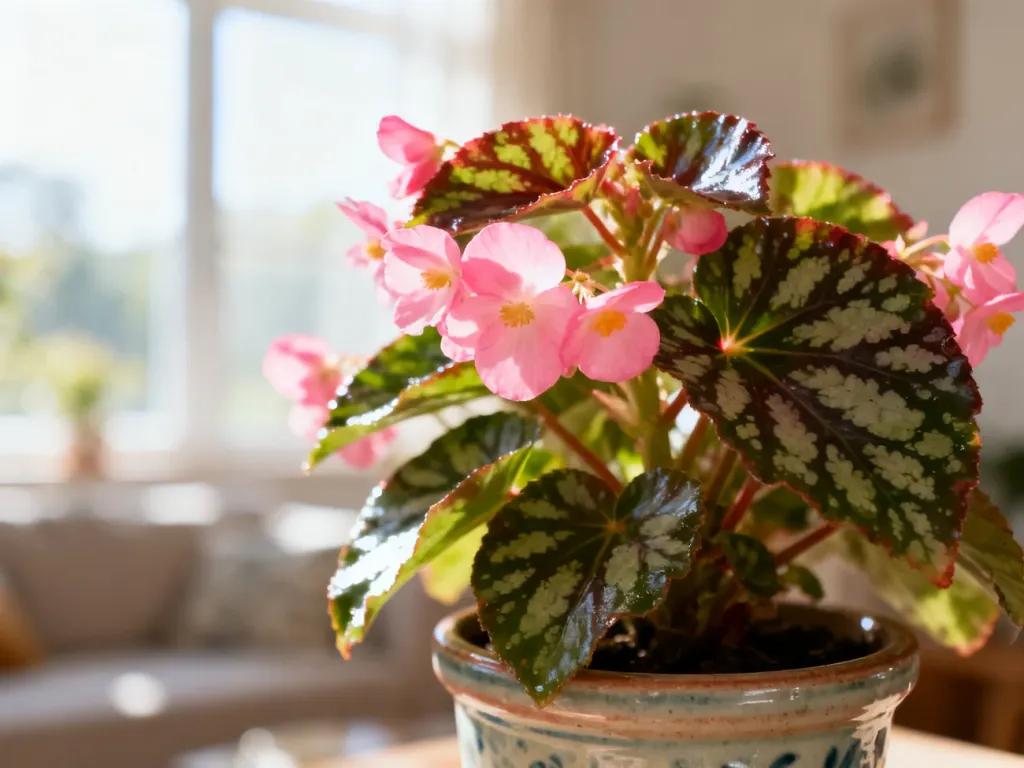 Kwitnąca begonia o ozdobnych liściach w ceramicznej doniczce, ustawiona w słonecznym wnętrzu domu.