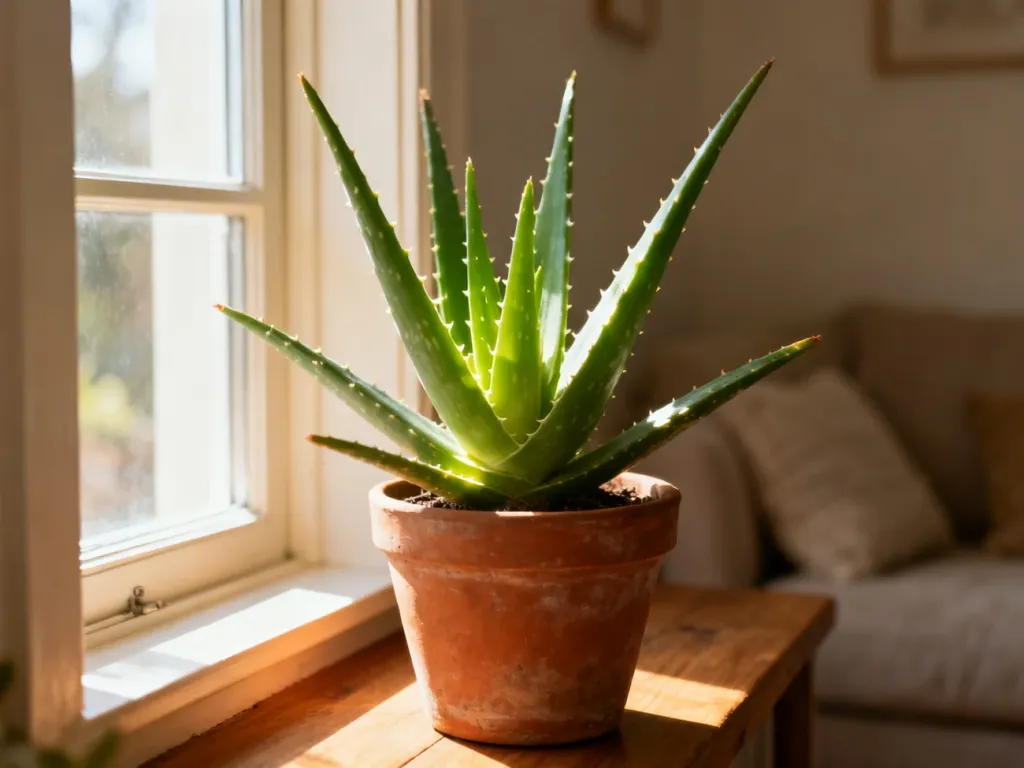 Zdrowy aloes w terakotowej doniczce na drewnianym parapecie w promieniach porannego słońca.