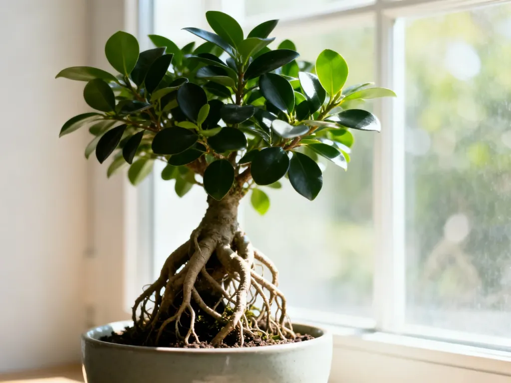 Bonsai Ficus microcarpa z ozdobnymi korzeniami powietrznymi i błyszczącymi liśćmi w minimalistycznej doniczce.