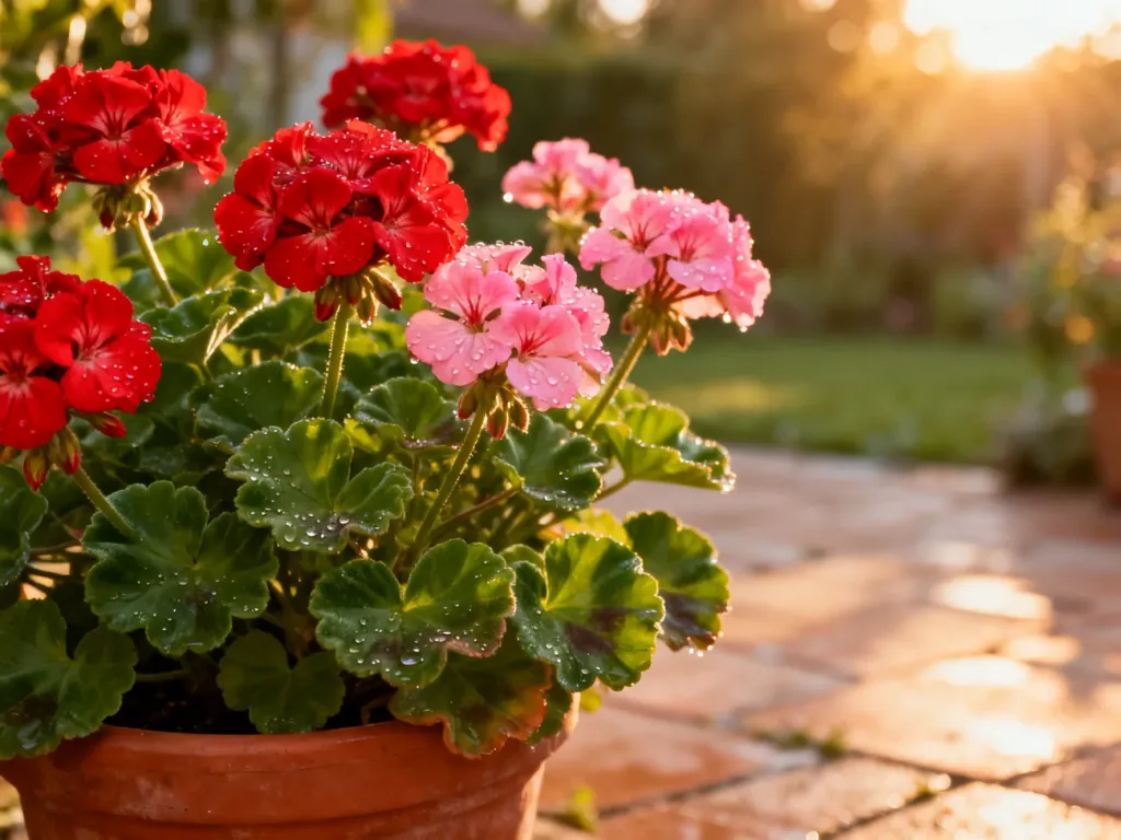 Kwitnące pelargonie w doniczce z widocznymi kroplami wody na liściach i kwiatach w słonecznym ogrodzie.